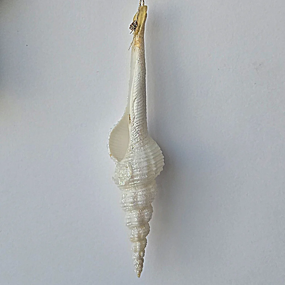 VTG 90s Shimmering Spindle Seashell Ornament White Iridescent Glitter Coastal